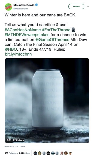 game of thrones promotions - mountain dew cans