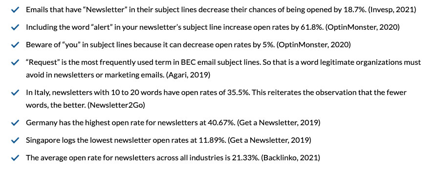 A list of statistics for email newsletters