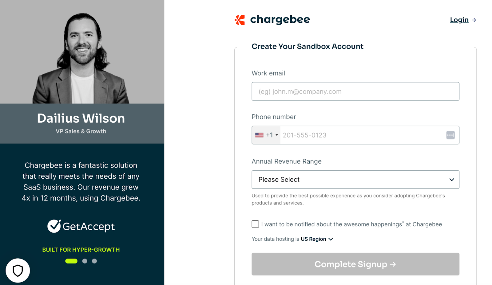 Screenshot of Chargebee's sign-up page with an image of Dailius Wilson, the Chargebee VP of Sales & Growth