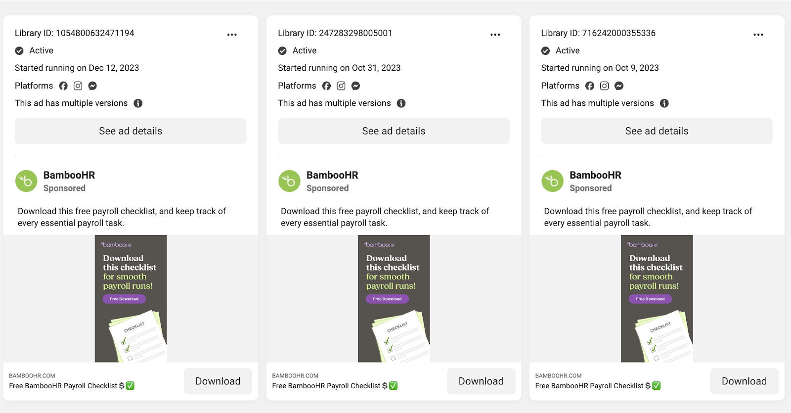 Screenshot of multiple BambooHR Facebook Ads