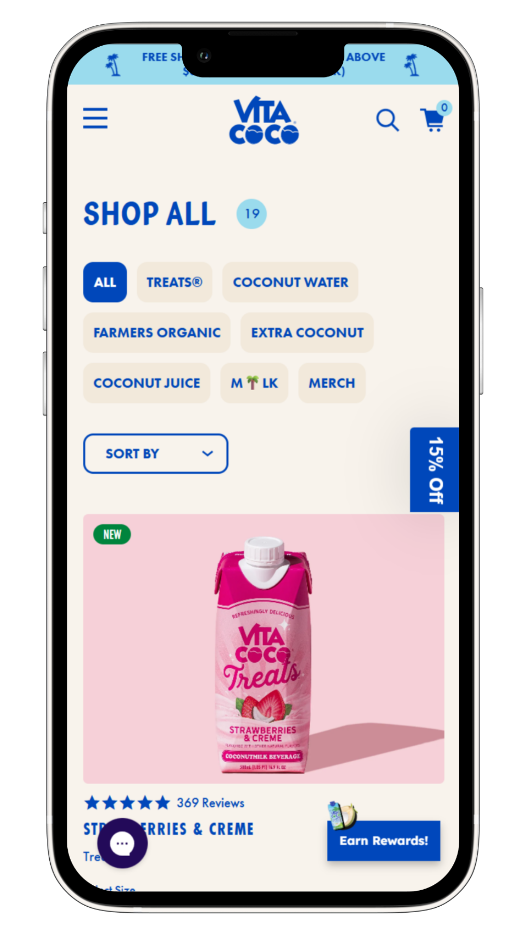 Vita Coco shop page showing category chips (All, Treats, Coconut Water) with a large 'SHOP ALL' heading and a pink strawberry & creme drink product card below.