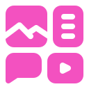 Grid of four pink icons: landscape/photo top-left, menu top-right, speech bubble bottom-left, and play button bottom-right.