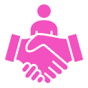 Pink icon of two hands shaking to symbolize partnership and agreement.