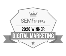 Award badge: 'SEM firms 2020 Winner Digital Marketing' with a crown icon.