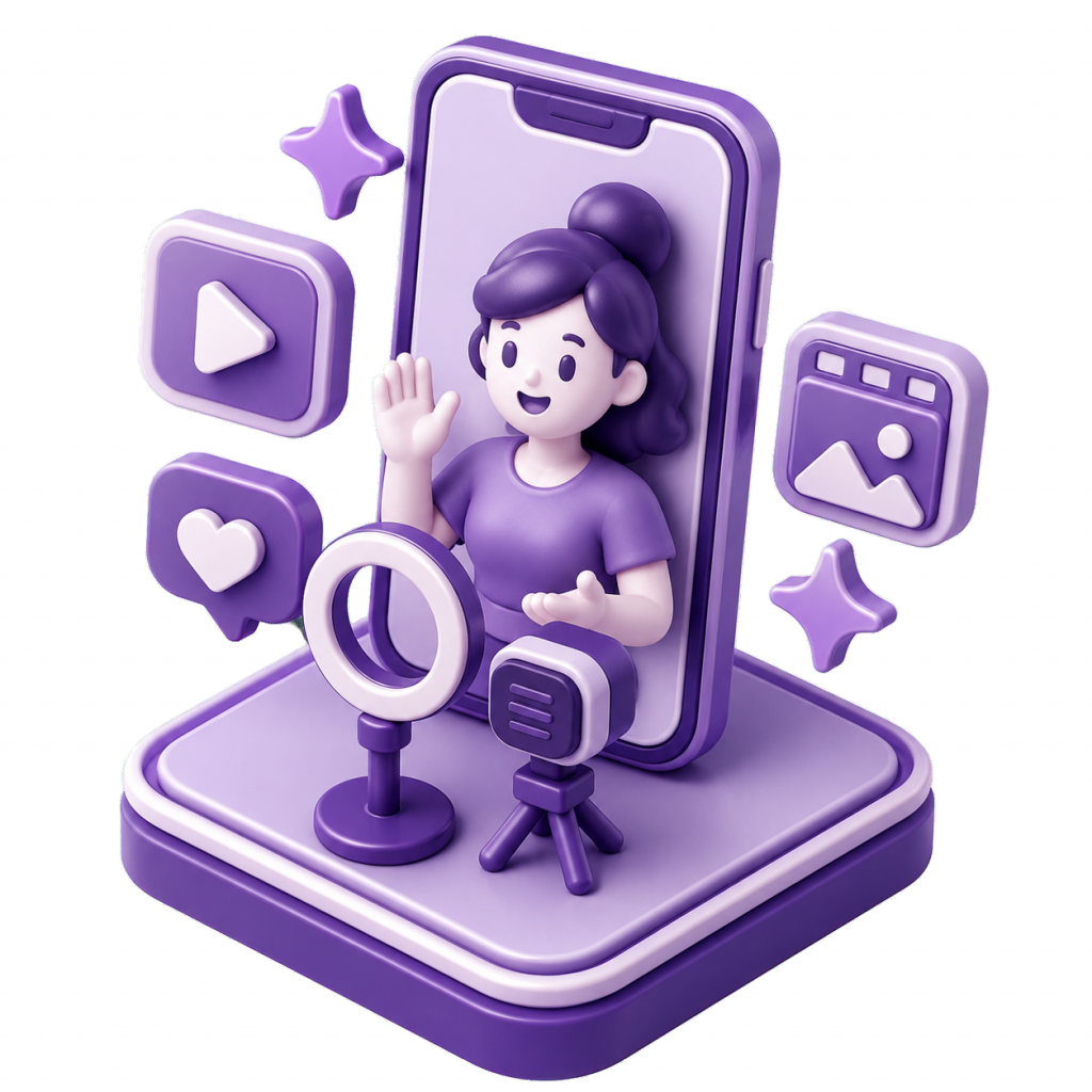 A 3D purple figure waving from a smartphone screen with social icons and a microphone stand, representing live streaming or a virtual presenter.